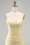 Yellow Bodycon Ruched Spaghetti Straps Floral Embroidery Homecoming Dress