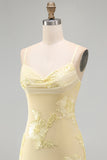 Yellow Bodycon Ruched Spaghetti Straps Floral Embroidery Homecoming Dress