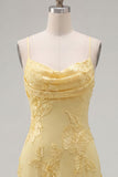 Yellow Bodycon Ruched Spaghetti Straps Floral Embroidery Homecoming Dress