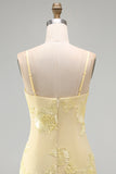 Yellow Bodycon Ruched Spaghetti Straps Floral Embroidery Homecoming Dress