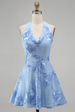 A-Line Yellow Halter Backless Short Homecoming Dress with Floral Embroidery