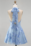 A-Line Yellow Halter Backless Short Homecoming Dress with Floral Embroidery