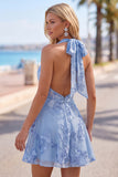 A-Line Yellow Halter Backless Short Homecoming Dress with Floral Embroidery