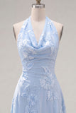 A-Line Yellow Halter Backless Short Homecoming Dress with Floral Embroidery