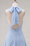 A-Line Yellow Halter Backless Short Homecoming Dress with Floral Embroidery