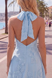 A-Line Yellow Halter Backless Short Homecoming Dress with Floral Embroidery