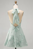 A-Line Yellow Halter Backless Short Homecoming Dress with Floral Embroidery
