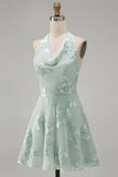 A-Line Yellow Halter Backless Short Homecoming Dress with Floral Embroidery
