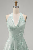 A-Line Yellow Halter Backless Short Homecoming Dress with Floral Embroidery