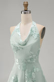A-Line Yellow Halter Backless Short Homecoming Dress with Floral Embroidery