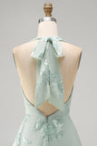 A-Line Yellow Halter Backless Short Homecoming Dress with Floral Embroidery