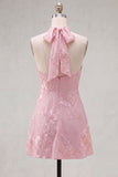 A-Line Yellow Halter Backless Short Homecoming Dress with Floral Embroidery