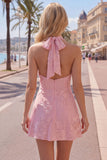 A-Line Yellow Halter Backless Short Homecoming Dress with Floral Embroidery