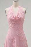 A-Line Yellow Halter Backless Short Homecoming Dress with Floral Embroidery
