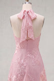 A-Line Yellow Halter Backless Short Homecoming Dress with Floral Embroidery