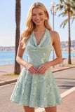A-Line Yellow Halter Backless Short Homecoming Dress with Floral Embroidery