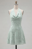 A-Line Yellow Halter Backless Short Homecoming Dress with Floral Embroidery