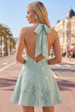 A-Line Yellow Halter Backless Short Homecoming Dress with Floral Embroidery