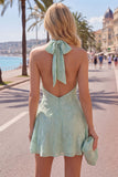 A-Line Yellow Halter Backless Short Homecoming Dress with Floral Embroidery