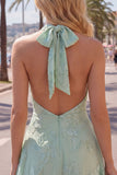 A-Line Yellow Halter Backless Short Homecoming Dress with Floral Embroidery