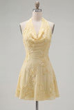 A-Line Yellow Halter Backless Short Homecoming Dress with Floral Embroidery