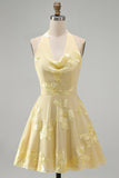 A-Line Yellow Halter Backless Short Homecoming Dress with Floral Embroidery