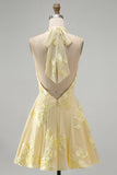 A-Line Yellow Halter Backless Short Homecoming Dress with Floral Embroidery
