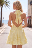 A-Line Yellow Halter Backless Short Homecoming Dress with Floral Embroidery