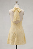 A-Line Yellow Halter Backless Short Homecoming Dress with Floral Embroidery