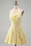 A-Line Yellow Halter Backless Short Homecoming Dress with Floral Embroidery