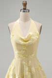 A-Line Yellow Halter Backless Short Homecoming Dress with Floral Embroidery