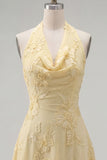 A-Line Yellow Halter Backless Short Homecoming Dress with Floral Embroidery
