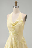 A-Line Yellow Halter Backless Short Homecoming Dress with Floral Embroidery