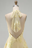 A-Line Yellow Halter Backless Short Homecoming Dress with Floral Embroidery