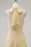 A-Line Yellow Halter Backless Short Homecoming Dress with Floral Embroidery