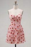 A-Line Pink Keyhole Tiered Spaghetti Straps Ruched Short Homecoming Dress
