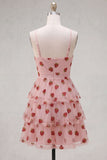 A-Line Pink Keyhole Tiered Spaghetti Straps Ruched Short Homecoming Dress