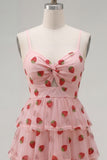 A-Line Pink Keyhole Tiered Spaghetti Straps Ruched Short Homecoming Dress