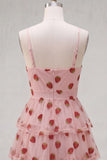 A-Line Pink Keyhole Tiered Spaghetti Straps Ruched Short Homecoming Dress