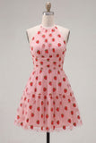 A-Line Pink Halter Neck Printed Short Homecoming Dress