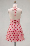 A-Line Pink Halter Neck Printed Short Homecoming Dress