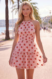A-Line Pink Halter Neck Printed Short Homecoming Dress