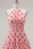 A-Line Pink Halter Neck Printed Short Homecoming Dress