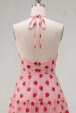 A-Line Pink Halter Neck Printed Short Homecoming Dress
