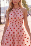 A-Line Pink Halter Neck Printed Short Homecoming Dress