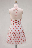 A-Line Pink Halter Neck Printed Short Homecoming Dress