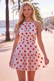 A-Line Pink Halter Neck Printed Short Homecoming Dress
