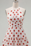 A-Line Pink Halter Neck Printed Short Homecoming Dress