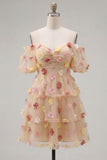 Champagne Cold Shoulder A-Line Tiered Short Homecoming Dress with 3D Flowers