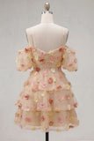 Champagne Cold Shoulder A-Line Tiered Short Homecoming Dress with 3D Flowers